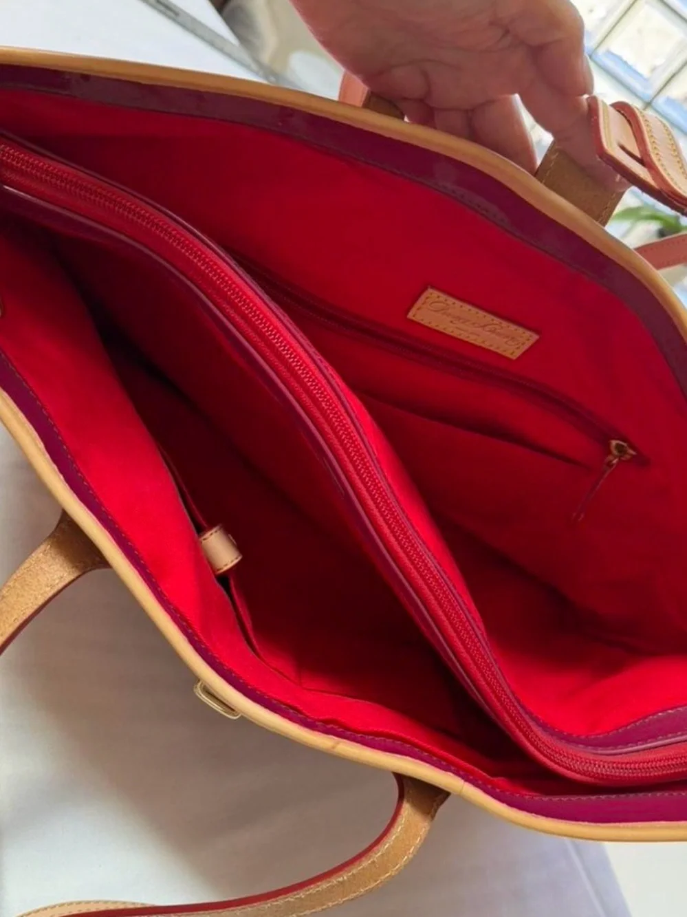 Dooney & Bourke Glossy fuchsia Patent Tote with Tan Trim
